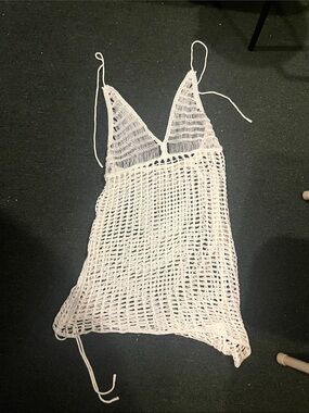 White Crochet Mesh Slip Dress with V-Neck - Women Intimates & Sleepwear. Large